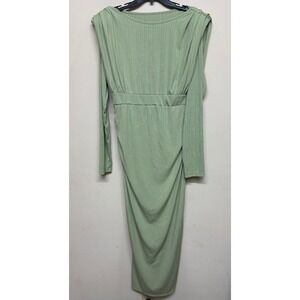 Sage Green Ribbed Midi Dress Long Sleeve Bodycon Stretch 80s Club  Night Sexy